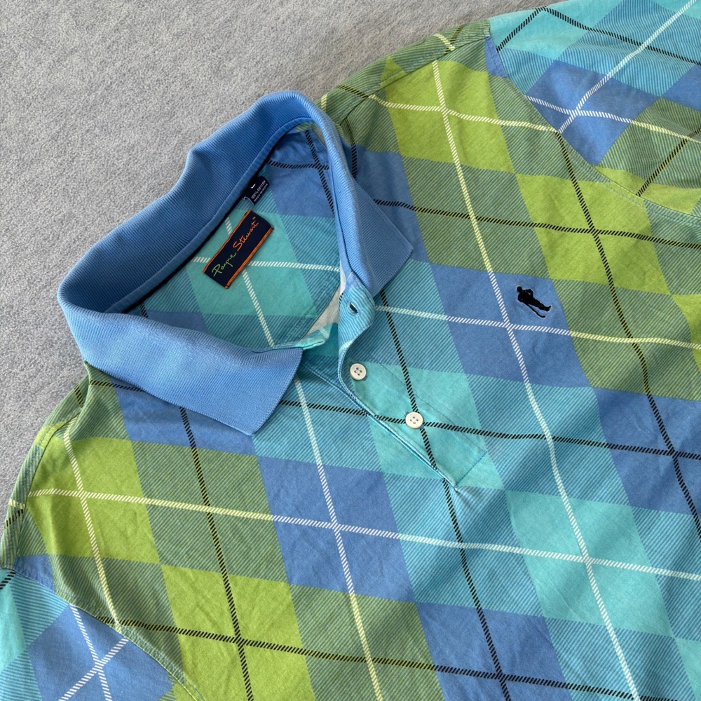 Payne Stewart Mens Large Blue Green Argyle Cotton Short Sleeve Golf Polo Shirt